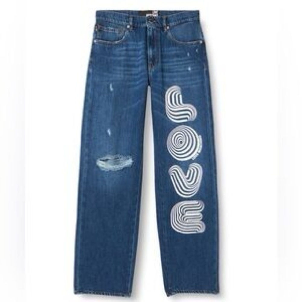 Moschino Blue Jeans with White 'Love' Graphic